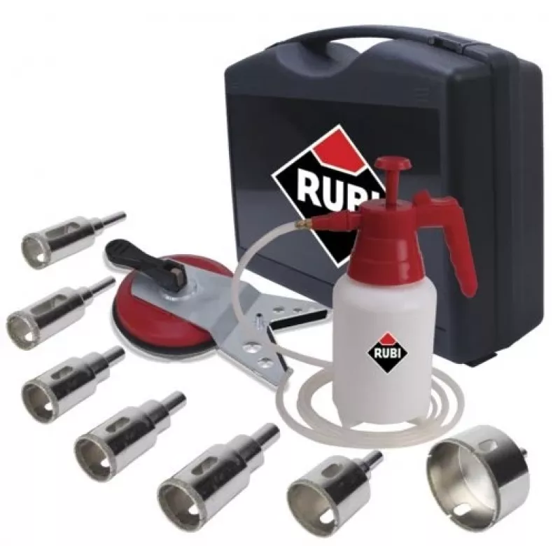 Gręžtų rinkinys RUBI Easy Gres Plus Kit – 7 vnt. deimantiniai gręžtukai, 27 mm ilgio, porcelianinėms plytelėms, su dėklu