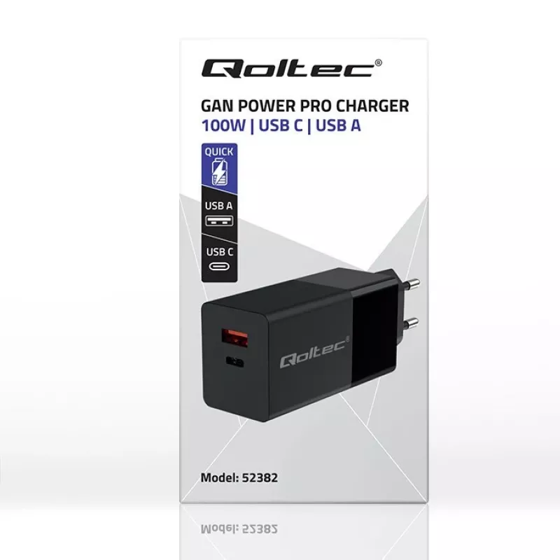 Qoltec 52382 GaN POWER PRO įkroviklis | 1xUSB Type-C | 1xUSB A | 100W | 5-20V | 1.5-5A | PD | Juodas