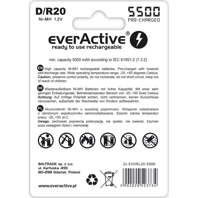 Įkraunama baterija everActive EVHRL20-5500 D NiMH 1,2V 5500mAh, 2 vnt.