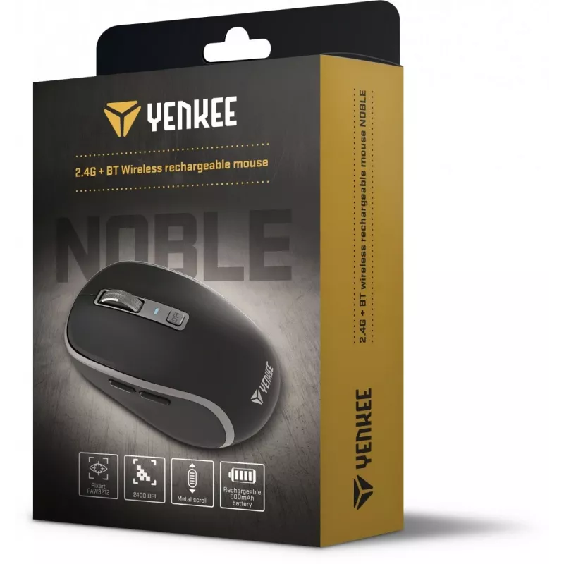 Belaidė pelė su dvigubu WiFi+Bluetooth ryšiu, įkraunama baterija, 5 mygtukai – Yenkee YMS 2085BK NOBLE