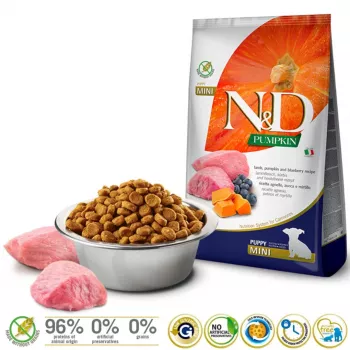 FARMINA N&D GF PUMPKIN LAMB&BLUEBERRY PUPPY MINI - sausas šunų ėdalas - 7kg