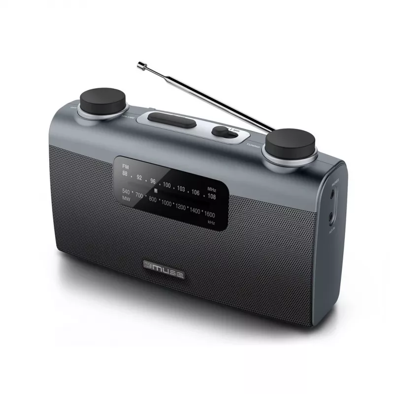 Nešiojamas radijo imtuvas Muse M-058 R – AM/FM, sukamas garsumo reguliatorius, baterija arba tinklas (230V, 50Hz), juodai pilkas