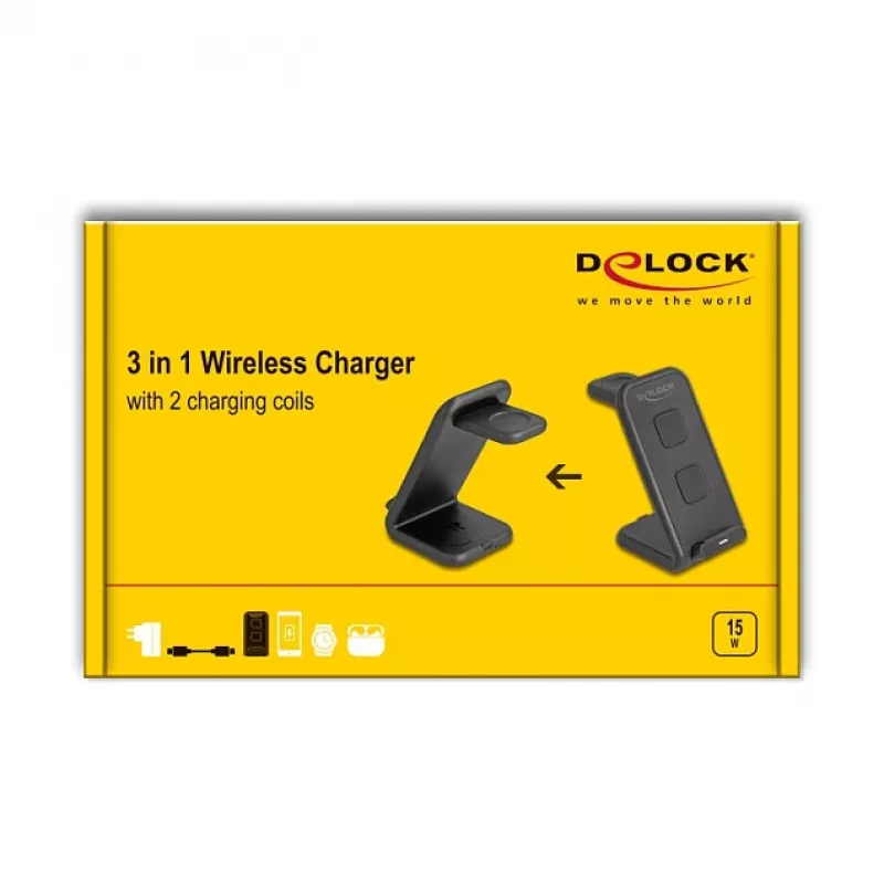 DELOCK 66941 Belaidis įkroviklis 3 viename išmaniesiems telefonams, laikrodžiams ir ausinėms, USB Type-C, 15 W, juodas