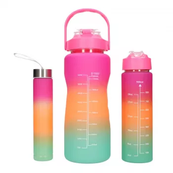 Extralink Motyvacinis vandens butelis 3W1 rinkinys Rožinis-oranžinis 2000ML+900ML+300ML