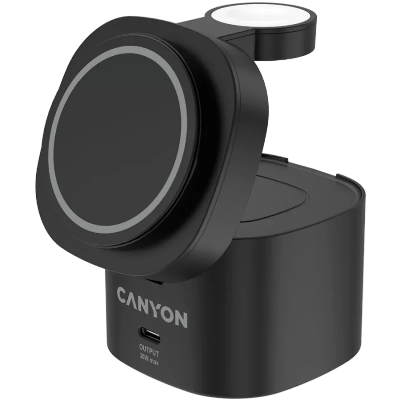 Canyon 4 viename belaidis įkrovimo stovas, 30W maks., 70x70x70.3mm, 414g, su 65W įkrovikliu ir 1m laidu, juodas