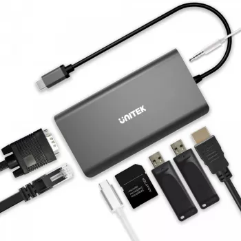 UNITEK uHUB O8+ laidinis USB 3.2 Gen 1 Type-C lizdas pilkas 100W Power Delivery