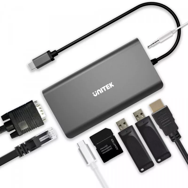 UNITEK uHUB O8+ laidinis USB 3.2 Gen 1 Type-C lizdas pilkas 100W Power Delivery