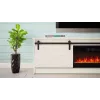 Spintelė TV su elektriniu židiniu Cama Meble GRANERO modelis RTV GRANERO + KOM B/B, 200x56,7x35 cm, balta/blizganti balta, 2 durys, 2 lentynos, MDF/medžio drožlių plokštė