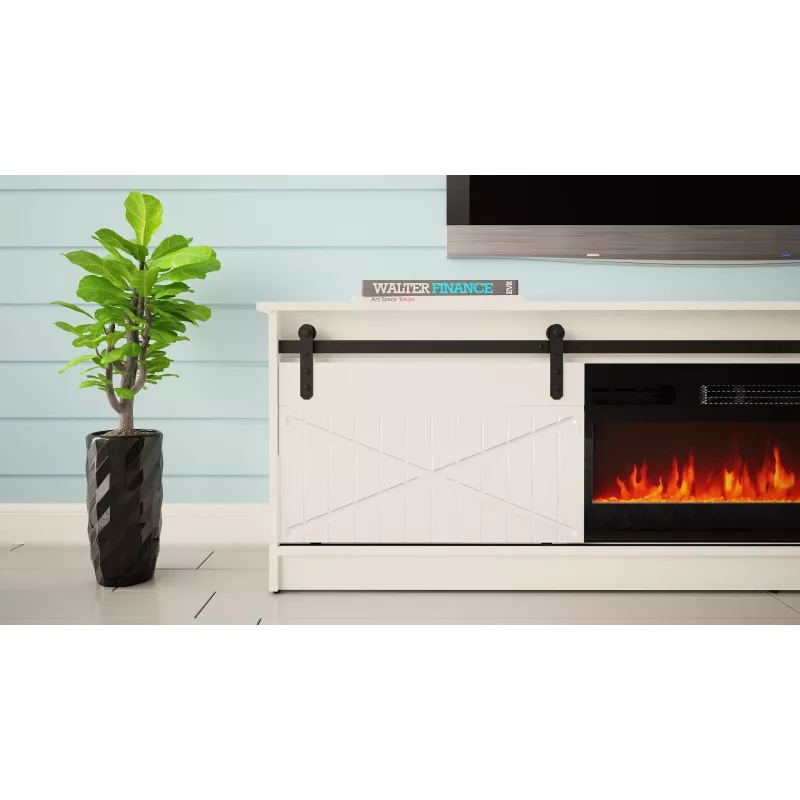Spintelė TV su elektriniu židiniu Cama Meble GRANERO modelis RTV GRANERO + KOM B/B, 200x56,7x35 cm, balta/blizganti balta, 2 durys, 2 lentynos, MDF/medžio drožlių plokštė