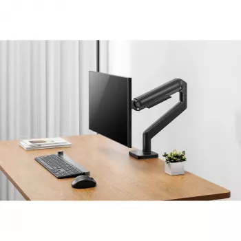 Monitorio laikiklis DIGITUS Single, spaustuvinis, iki 49 colių (124,5 cm), 20 kg, VESA 75x75–100x100, pakreipimas -20° iki 50°, aukščio reguliavimas, juodas