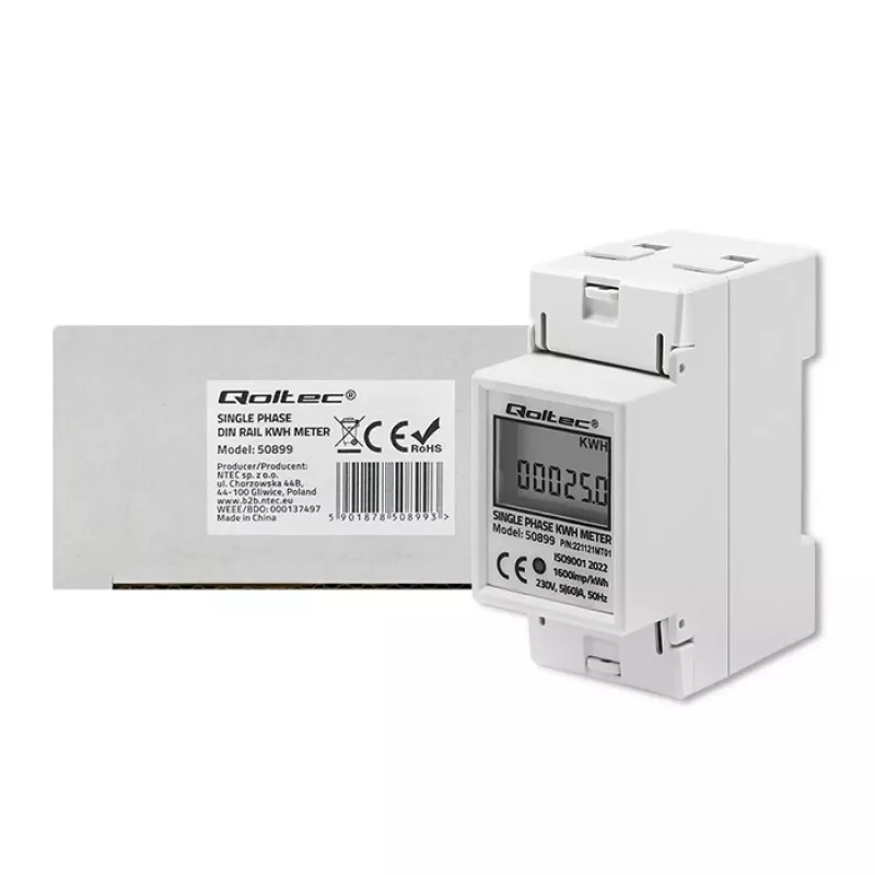 Vienfazis elektros energijos skaitiklis QOLTEC 50899 230 V 50 Hz, 5(60) A, 1.0 klasė, LCD
