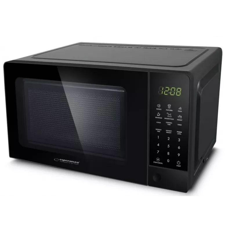 Mikrobangų krosnelė Solo ESPERANZA EKO009 — 700 W, 20 L, LED ekranas, jutiklinis valdymas, 24,5 cm stiklinė lėkštė, juoda