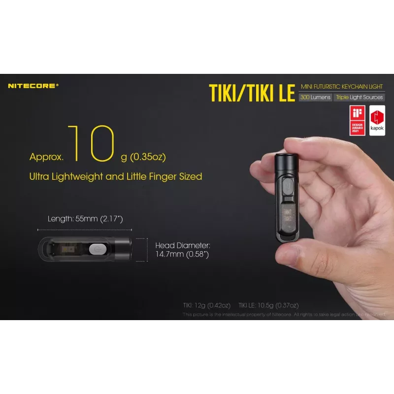 Rankinis žibintuvėlis Nitecore TIKI LE – 300 lm, USB įkraunamas, polikarbonatas, IP66, atsparus smūgiams, 10,5 g, 55 mm, Juodas