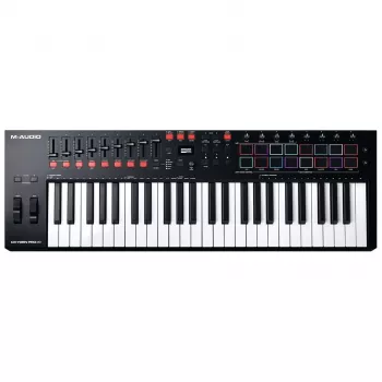 M-Audio Oxygen Pro 49 MIDI klaviatūros valdiklis – 49 klavišai, 16 padų, 9 faderiai, OLED ekranas, USB, MIDI išėjimas