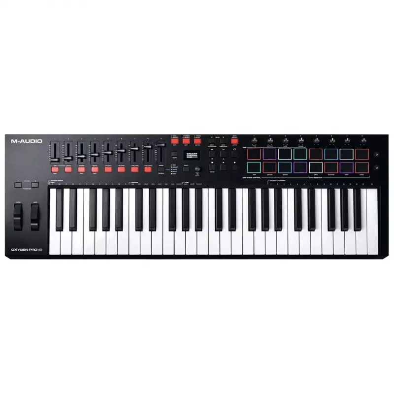 M-Audio Oxygen Pro 49 MIDI klaviatūros valdiklis – 49 klavišai, 16 padų, 9 faderiai, OLED ekranas, USB, MIDI išėjimas