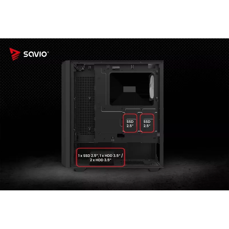 PC korpusas SAVIO Noctis Glass RGB — Juodas, ATX/Micro-ATX, 210×410×450 mm, 3×120 mm priekiniai ventiliatoriai
