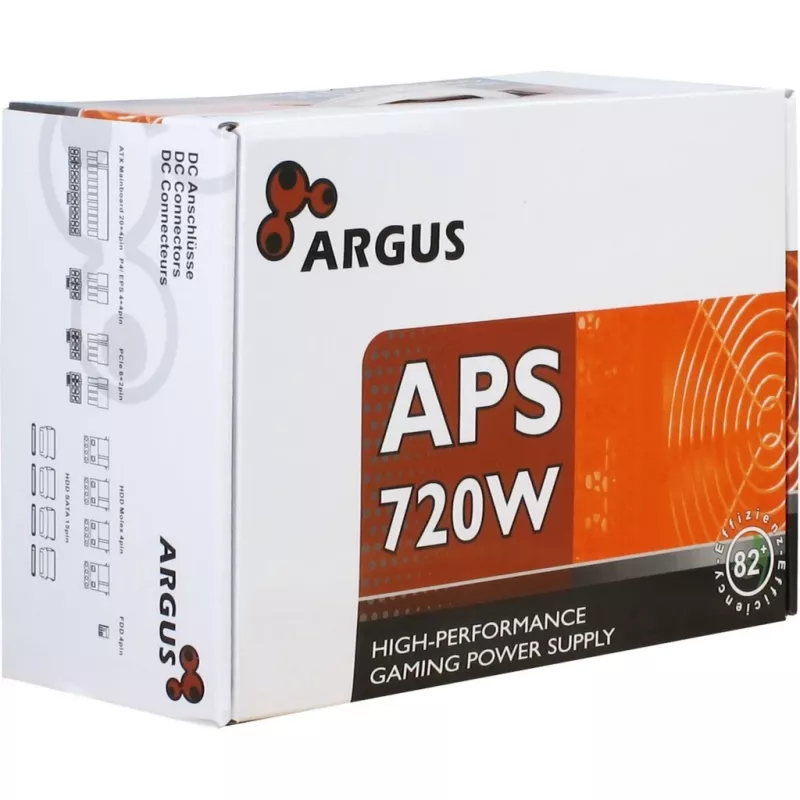 INTER TECH Argus APS-720W - Maitinimo šaltinis (115-230 V, 20+4 pin ATX, 47-63 Hz, 12V1, +12V2, +3,3V, +5V, +5Vsb, 12V, aktyvus PFC, ATX, juoda)