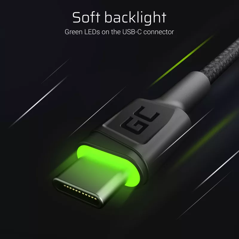 Green Cell GC Ray KABGCSET01 USB-A į USB-C kabelių komplektas, 3 vnt. (30 cm, 120 cm, 200 cm), žalia LED šviesa, QC 3.0 greitasis įkrovimas, juodas