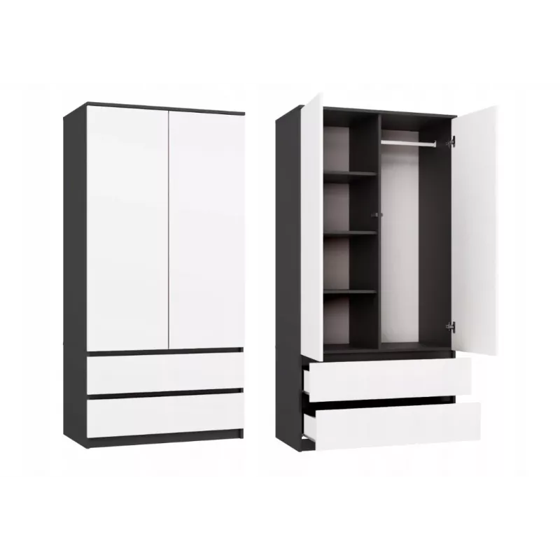 Spinta MALWA SS-90 90×180×50 cm, antracitinis rėmas, balti varstomi durys, 2 stalčiai, laminatas 16 mm