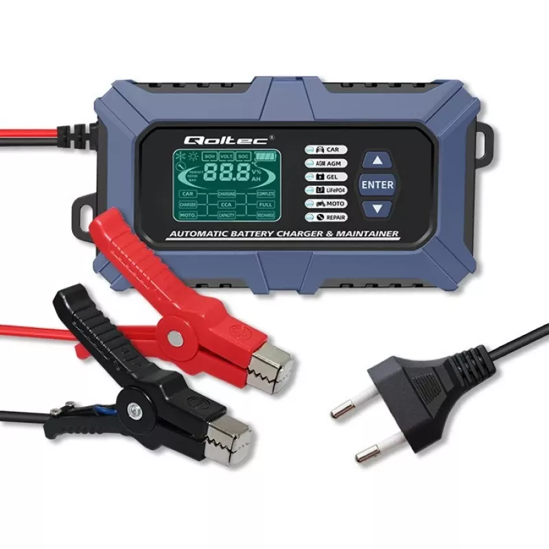 Qoltec išmanusis mikroprocesorinis akumuliatoriaus įkroviklis su baterijos testeriu ir 12V atkūrimo funkcija | 6A | LCD | Akumuliatorių įkroviklis AGM, LiFePO4, GEL baterijoms
