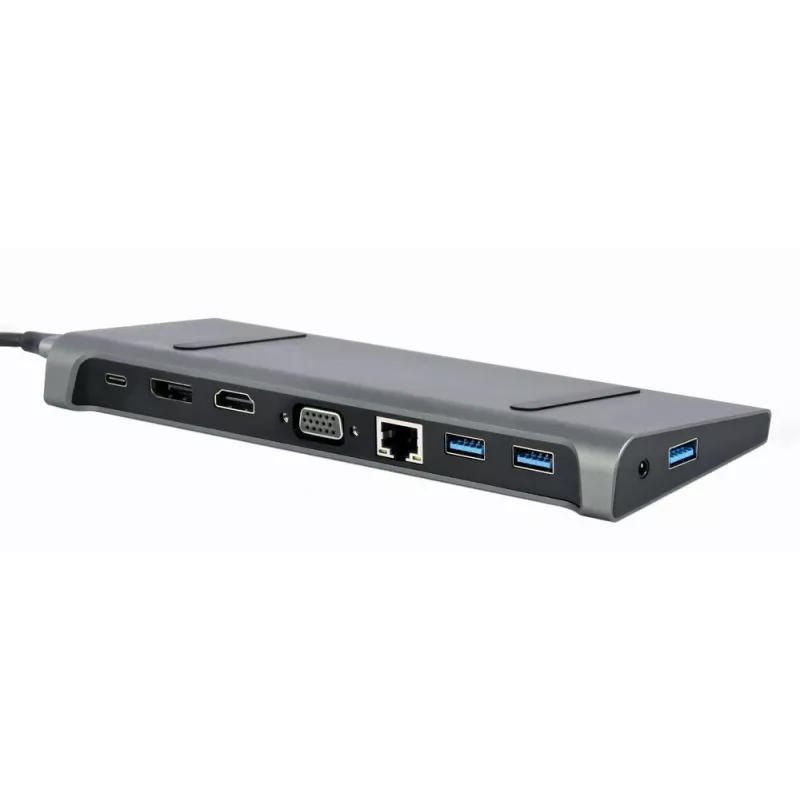 Dokavimo stotelė nešiojamam kompiuteriui Gembird A-CM-COMBO9-02 USB 3.2 Gen 1 Type-C, HDMI, VGA, 3×USB-A, Gigabit Ethernet, 87W PD, Pilka