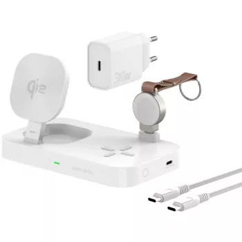 Belaidis įkroviklis 4smarts 540994 3-in-1 Qi2 greitasis įkrovimas su nuimamu Apple Watch įkrovikliu, baltas
