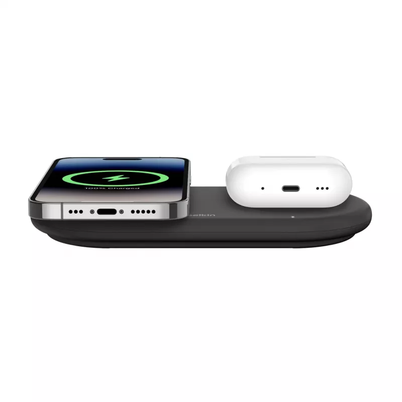 Belkin WIZ021VFBK – 2-in-1 belaidžio įkrovimo padėklas su Qi2 technologija 15 W, juodos spalvos