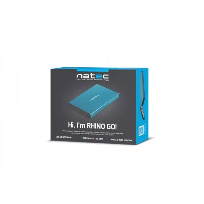 Išorinis dėklas HDD/SSD NATEC Rhino GO 2,5 colio — USB 3.0, SATA III, iki 4 TB, 9,5 mm, aliuminis, mėlynas