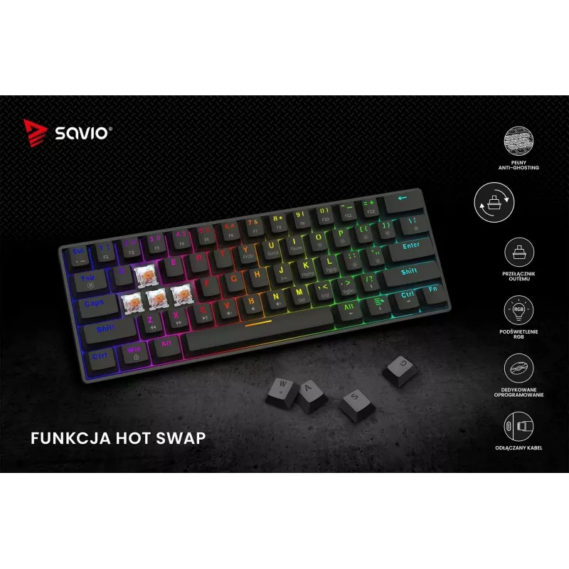 Mechaninė žaidimų klaviatūra SAVIO BLACKOUT X2 PEACH — 61 klavišas 60% QWERTY, RGB LED, hot-swap, USB Type-A/Type-C, atjungiamas laidas