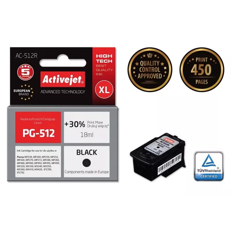 Activejet AC-512R rašalas (Canon PG-512 pakaitalas; Premium; 18 ml; juoda)