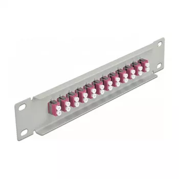 Skaidulinės optikos pataisų skydelis DeLOCK 10 colių 12 prievadų LC Duplex violetinis 1U pilkas