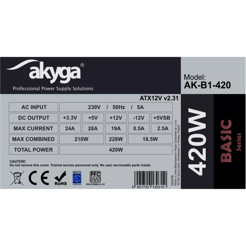 Akyga Basic AK-B1-420 ATX maitinimo blokas 420 W, 120 mm ventiliatorius, pasyvus PFC, pilkas