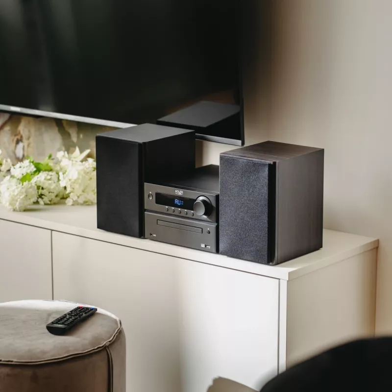 Mini Hi-Fi stereo sistema Adler AD 1917 – Bluetooth 5.3, CD/USB/MP3, 2×25 W RMS, FM imtuvas, 4 juostų ekvalaizeris, AUX, juoda