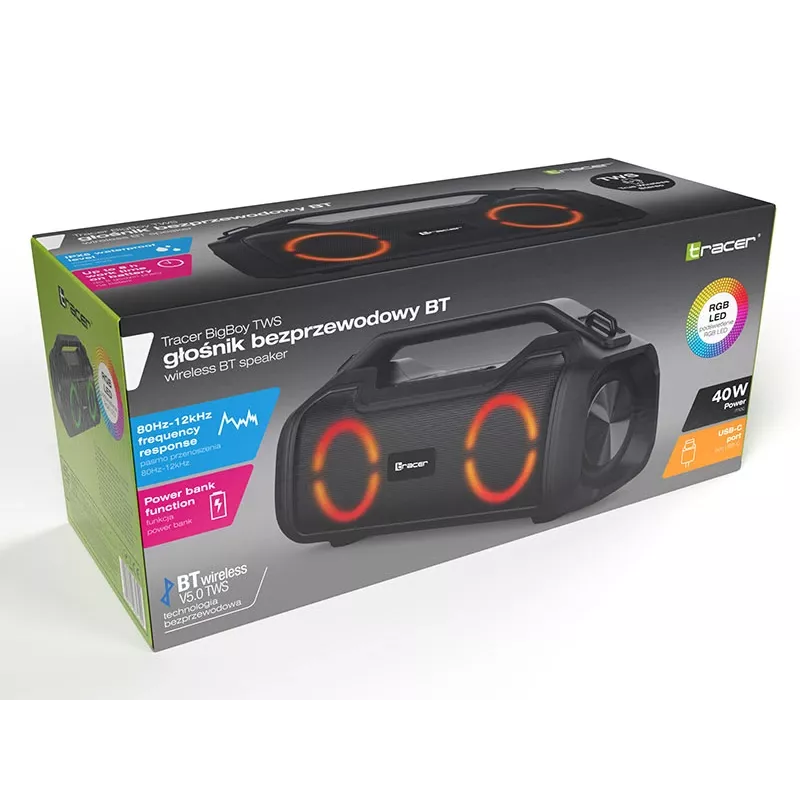 Nešiojamas garsiakalbis TRACER BigBoy TWS Bluetooth 40W RMS, Bluetooth 5.3, 12h baterija, Juodas