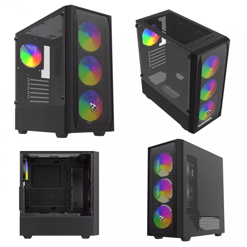 PC korpusas SAVIO Noctis Flow RGB — Cube, ATX/Mini-ITX, 3x 120 mm priekiniai ventiliatoriai, grūdintas stiklas, maks. GPU 35 cm