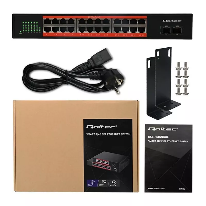 QOLTEC Gigabit Ethernet PoE tinklo jungiklis 24xRJ45 2xSFP
