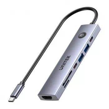 USB-C centrinis įrenginys Unitek H1124AGY01 su 100W PD, HDMI 2.0, 2x USB‑A, 2x USB‑C, SD/microSD skaitytuvu – aliuminis