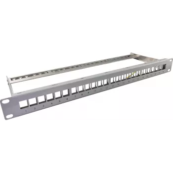 Keystone skydinė panelė 19 inch 1U 24 prievadų su kabelio atraminiu bėgeliu, helos 371981, pilka