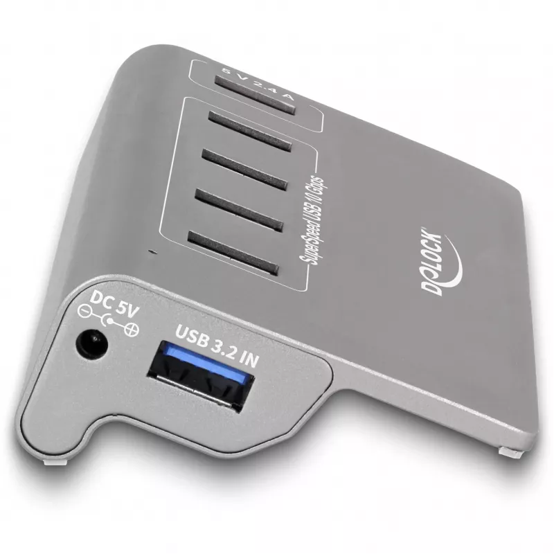 DeLOCK USB 3.2 Gen 2 šakotuvas, 4× USB-A duomenų prievadai + 1 greito įkrovimo prievadas, 10 Gbps, metalinis korpusas