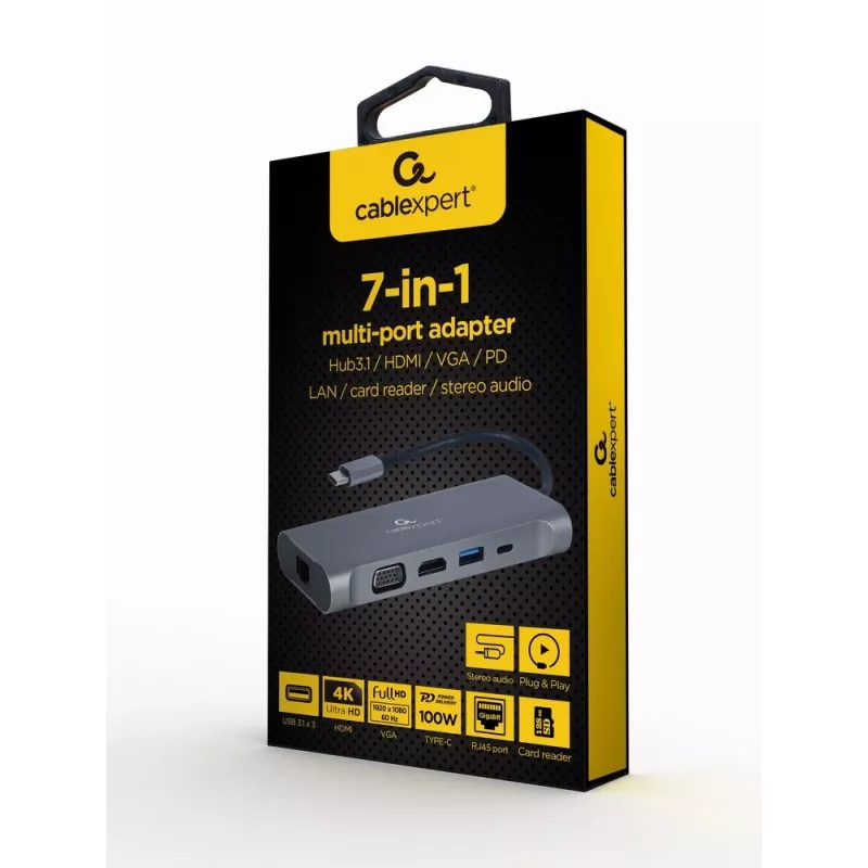 Gembird A-CM-COMBO7-01 nešiojamojo kompiuterio dokas / prievadų replikatorius USB 3.2 Gen 1 (3.1 Gen 1) Type-A Pilka