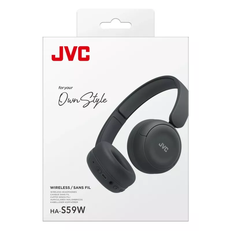 Ausinės JVC HA-S59W – belaidės ir laidinės Bluetooth, USB‑C, uždėjimo ant ausų, 20–20000 Hz, 1,2 m laidas, 148 g, juodos