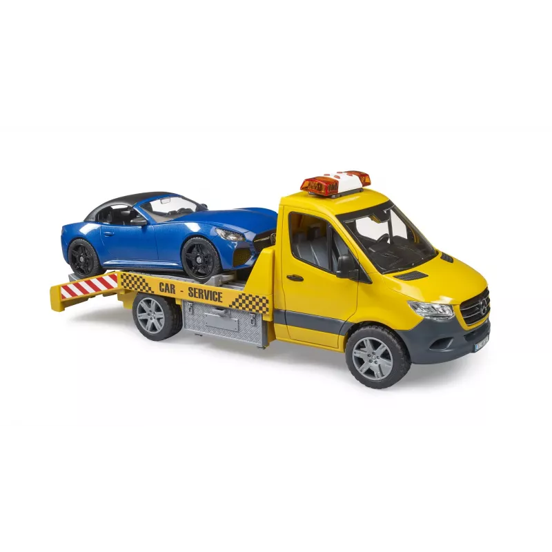 Bruder MB Sprinter automobilių transporteris su šviesos ir garso moduliu, oranžinis/mėlynas, komplekte roadsteris
