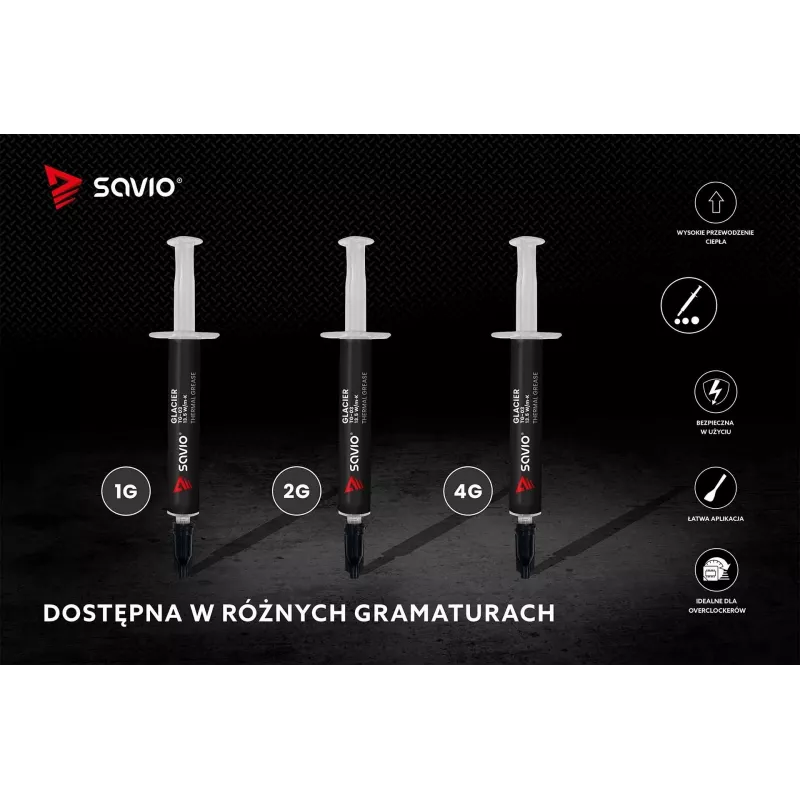 Šiluminė pasta SAVIO TG-03 1 g – 13,5 W/m·K, pilka, su aplikatoriumi ir mentele