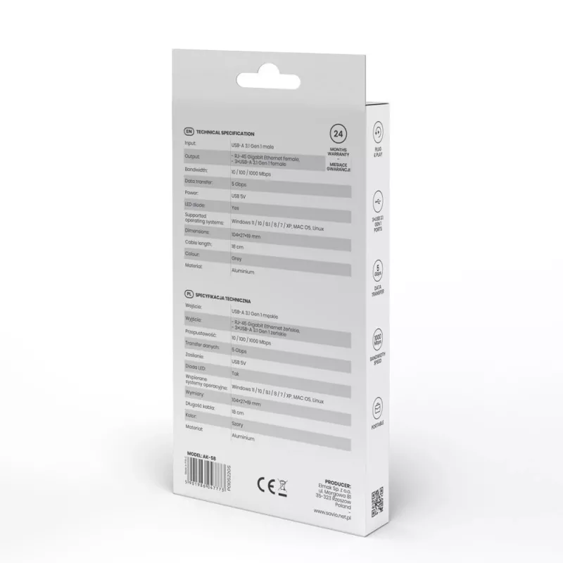 SAVIO USB-A stotelė su RJ-45 Gigabit Ethernet AK-57 — 3× USB-A + RJ-45, USB 3.2 Gen 1 Micro‑B pagrindinis, 5 Gbit/s, 4 prievadai, pilka