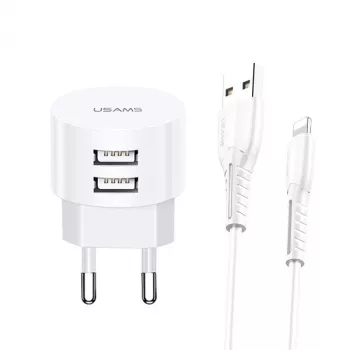 usams Charger T20 2x USB 2.1A su Lightning laidu – kišeninis sieninis įkroviklis