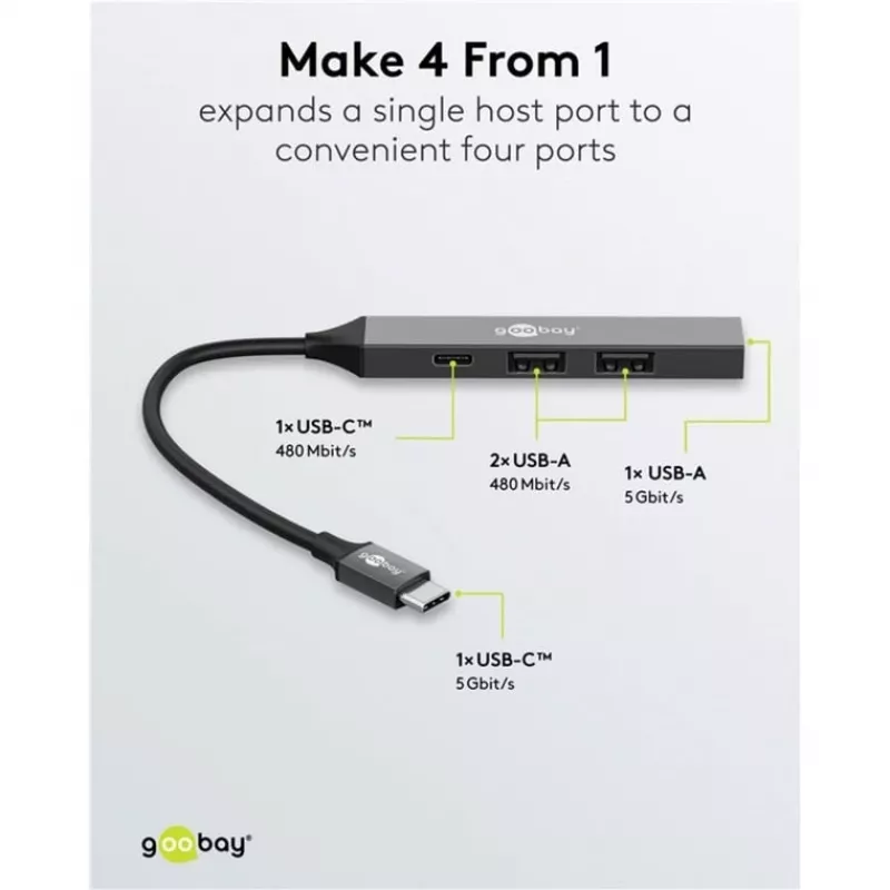 Goobay Slim 4 prievadų USB-Hub, USB-C™ į USB-C™/USB-A, USB 3.2 (74459)
