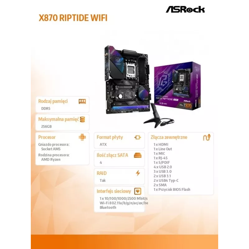 Pagrindinė plokštė ASRock X870 Riptide WiFi — ATX, AMD X870, Socket AM5, DDR5, 4 DIMM, 256 GB, Wi‑Fi 7, 2.5GbE
