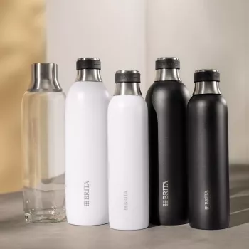 BRITA 118426 gazuotas butelis – 1 L stiklinis butelis su nerūdijančio plieno dangteliu, 287 mm aukštis, 2 vnt. pakuotė