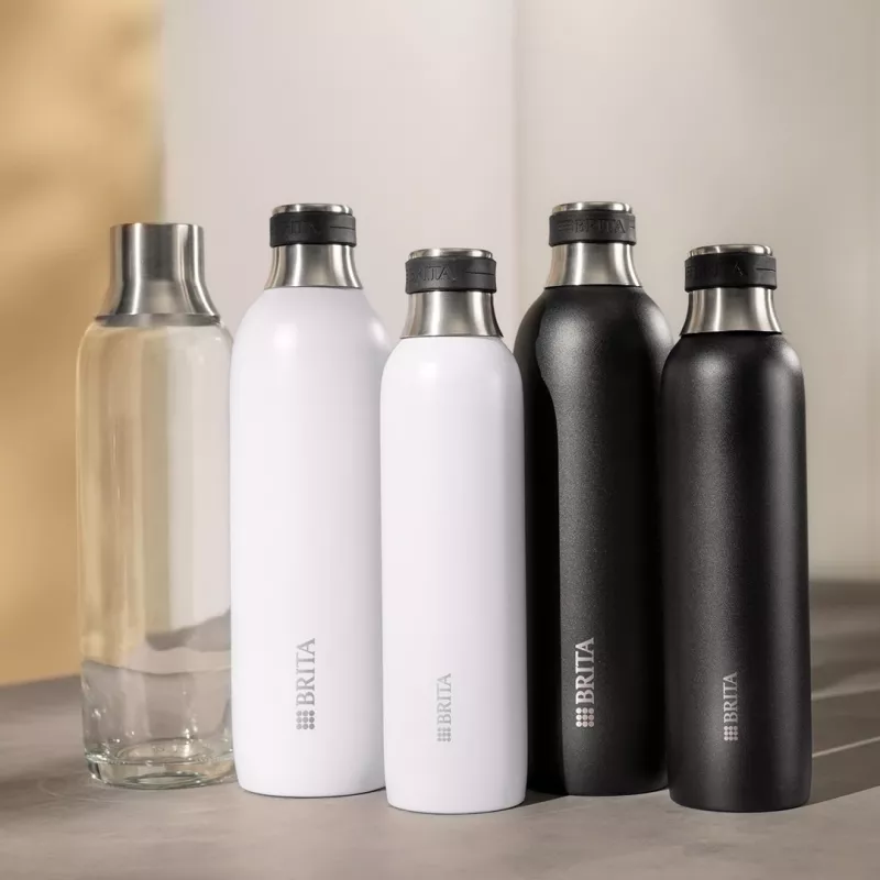 BRITA 118426 gazuotas butelis – 1 L stiklinis butelis su nerūdijančio plieno dangteliu, 287 mm aukštis, 2 vnt. pakuotė