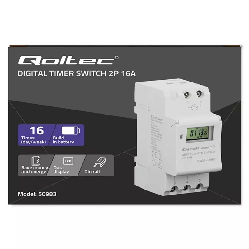 Elektroninis DIN bėgio laikmatis QOLTEC 50983, maitinamas baterija, automatikos grandinėms